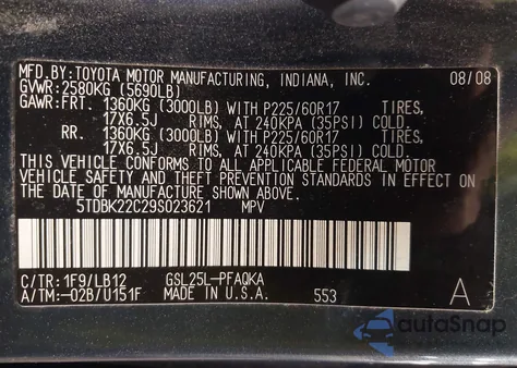 2009 Toyota Sienna Xle from USA, damaged, VIN 5TDBK22C29S023621